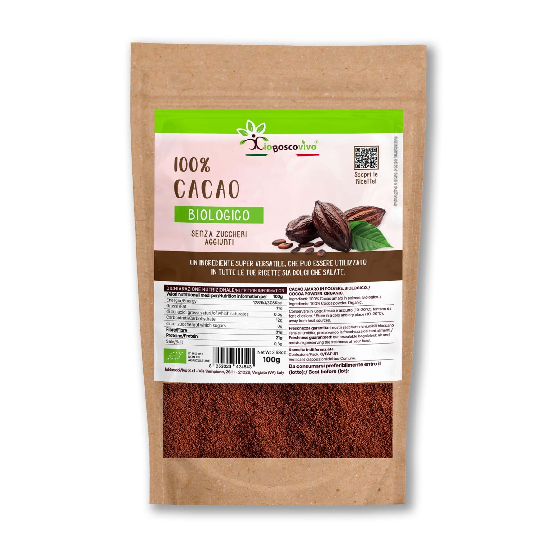 100% Cacao amaro in polvere BIO - 100g Ideale per le tue ricette dolci! - Terramia