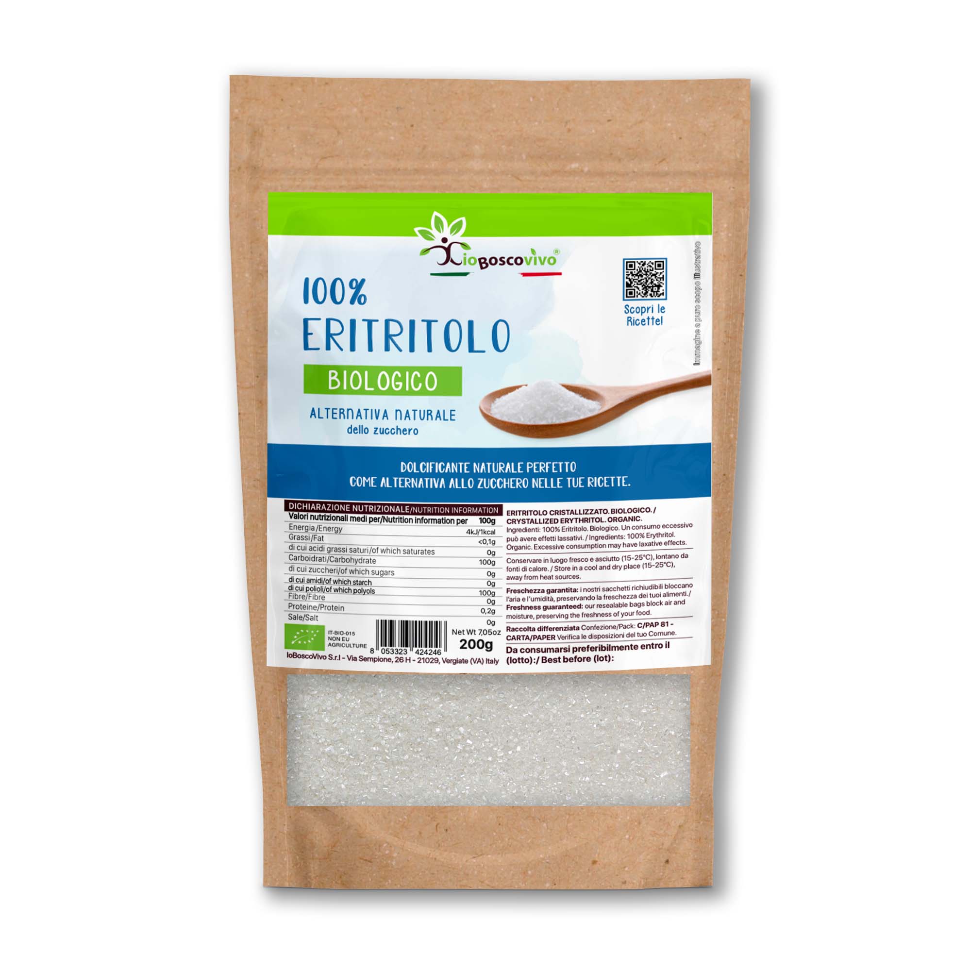 100% Eritritolo in cristalli fini BIO - 200g - Zero Calorie - Ideale per Dieta Chetogenica - Terramia