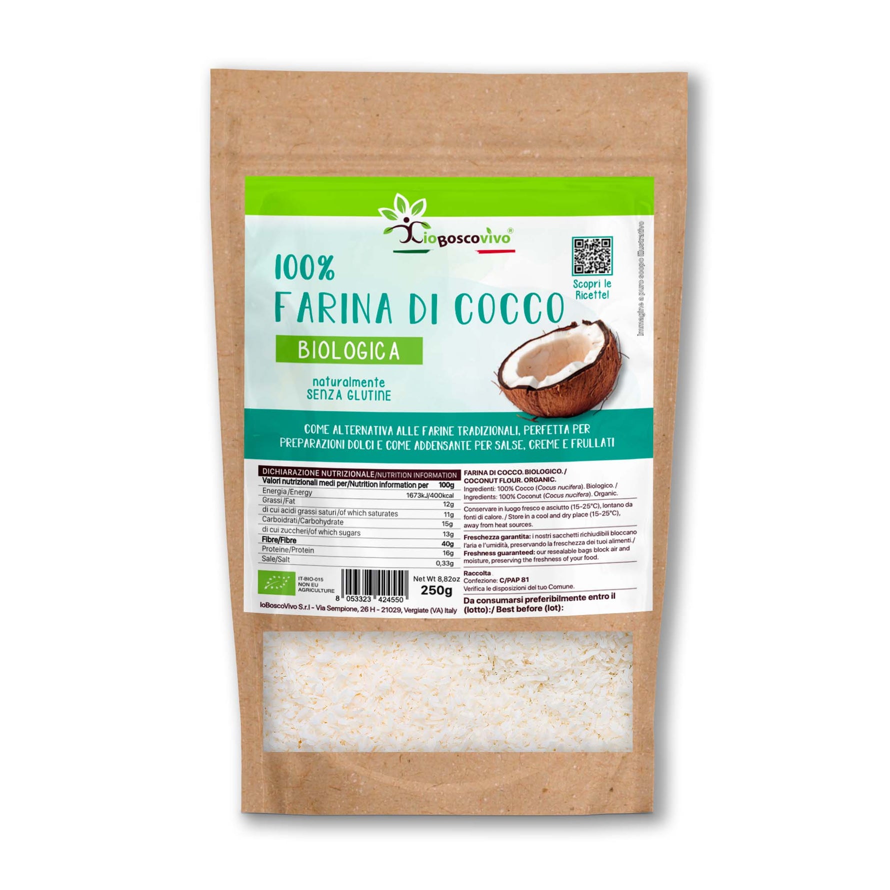100% Farina di Cocco senza glutine BIO - 250g Ideale per Dieta Chetogenica - Terramia