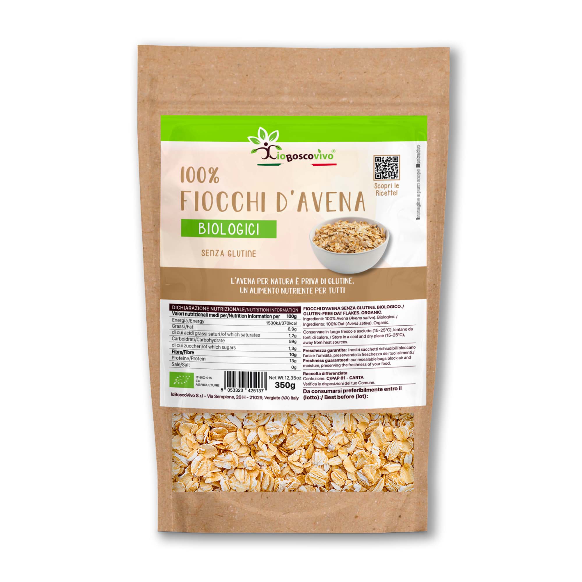 100% Fiocchi di Avena integrali piccoli senza glutine BIO - 350g - Terramia