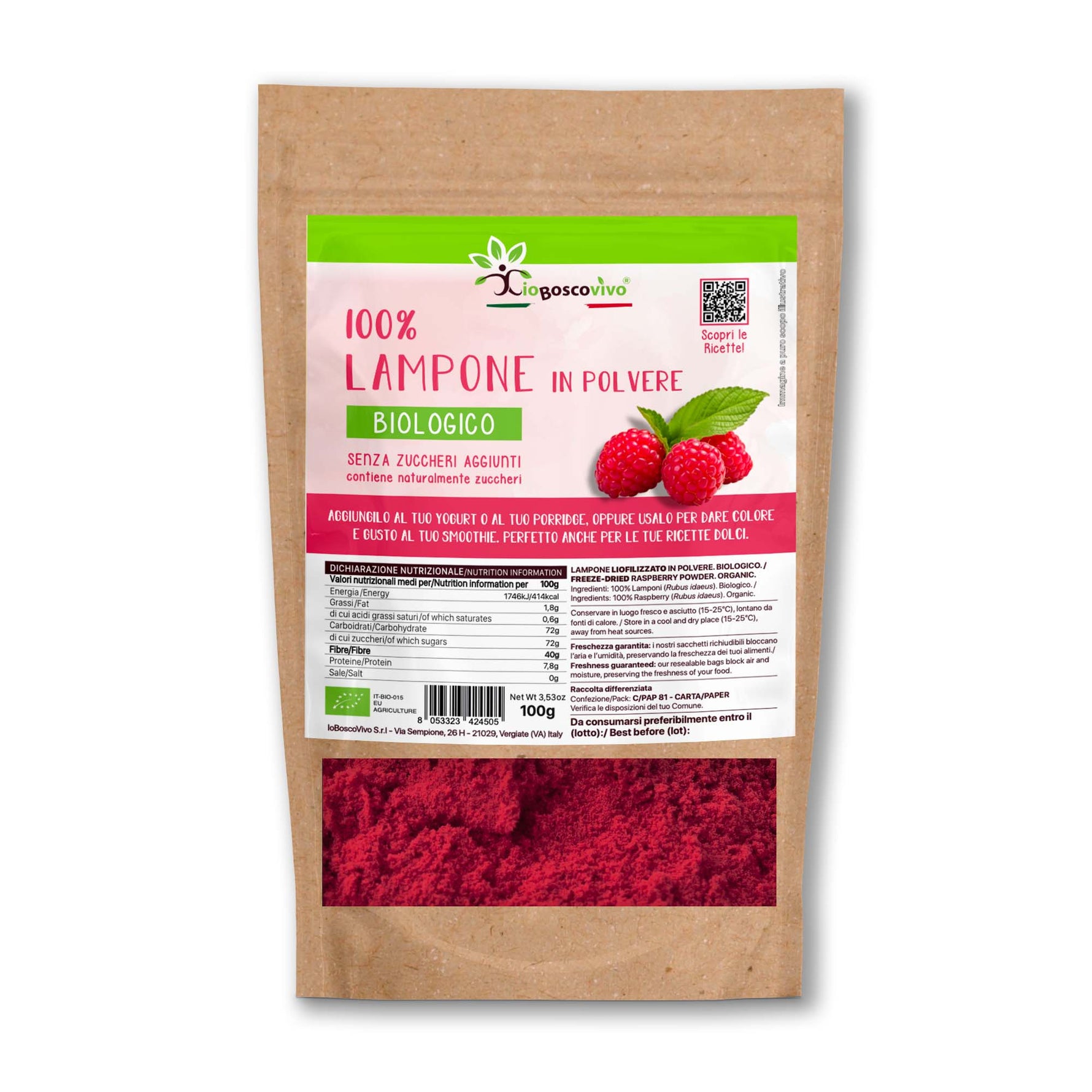 100% Lampone liofilizzato in polvere BIO - 100g Ideale per colorare le tue ricette! - Terramia