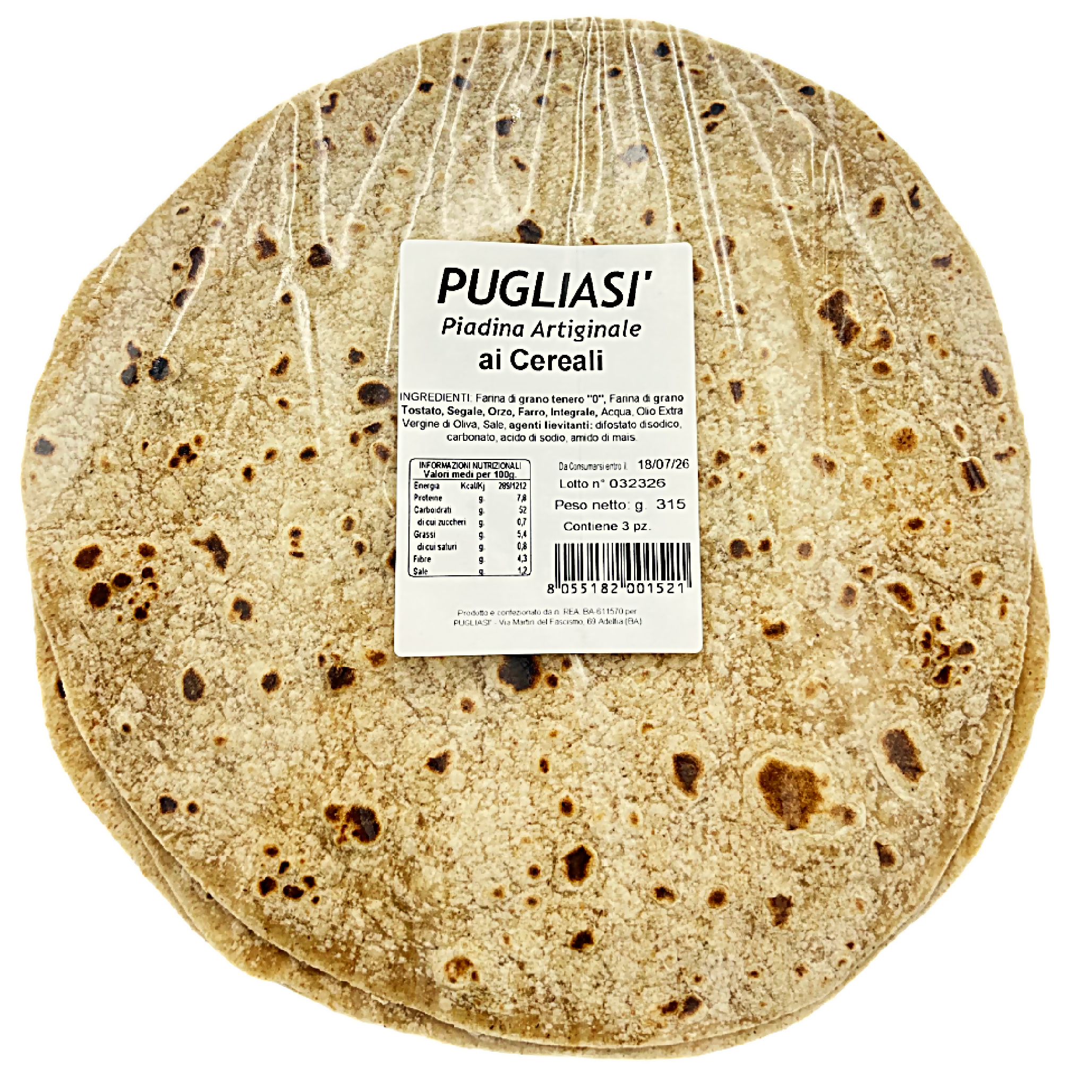 Piadina Artigianale ai Cereali | Pugliasì – Farro, Segale, Orzo | 3 piadine 315g