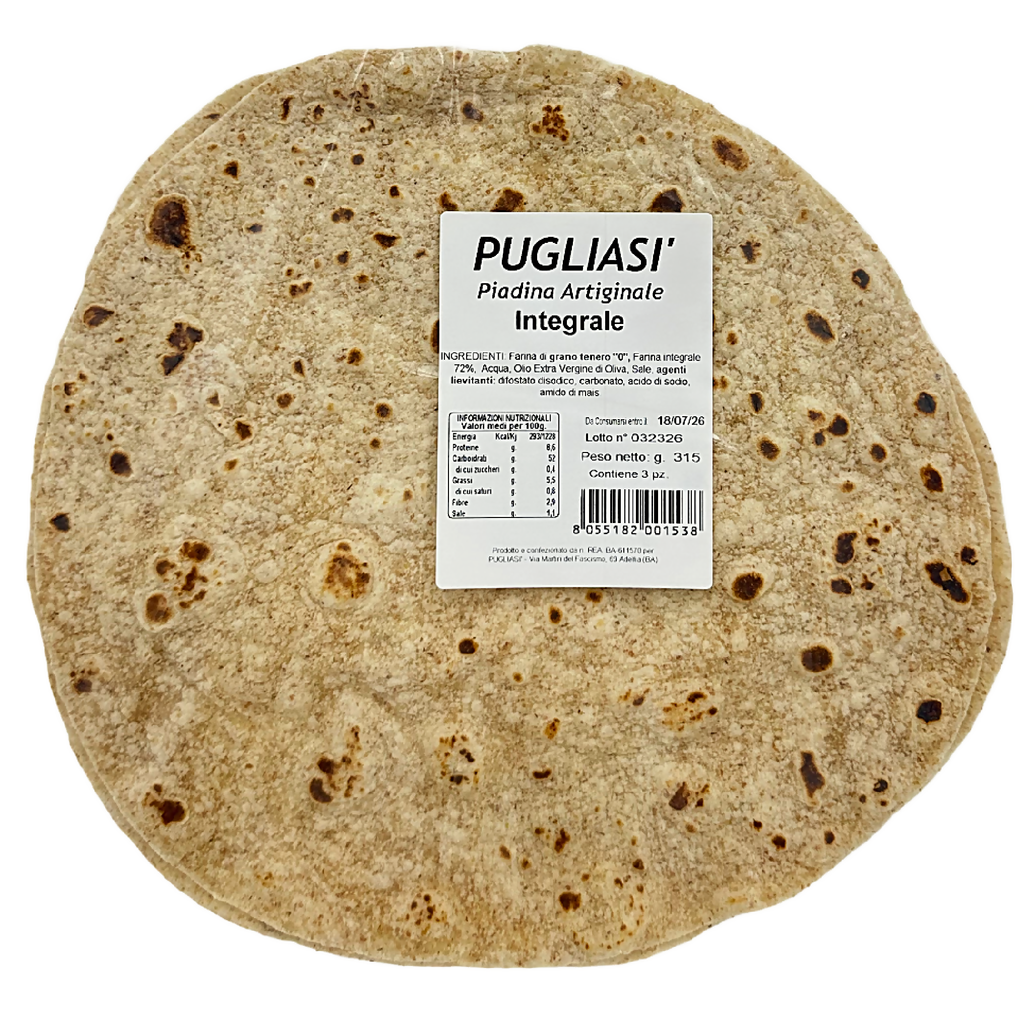 Piadina Integrale Artigianale Pugliasì – Olio EVO, Prodotta in Puglia | 3 pz 315g