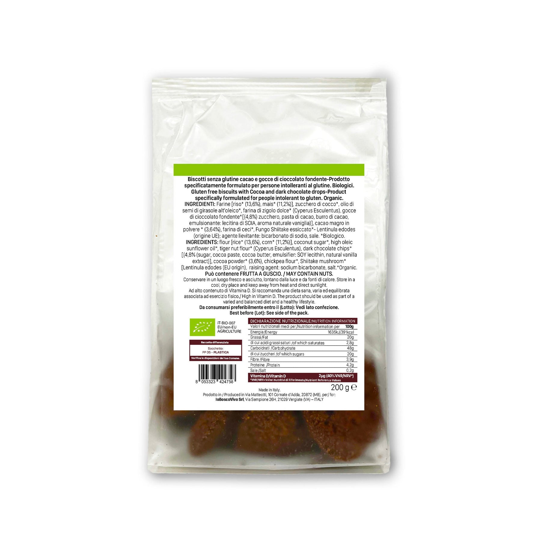 Biscotti S/Glutine al Cacao e gocce di Cioccolato fondente BIO 200g - Terramia