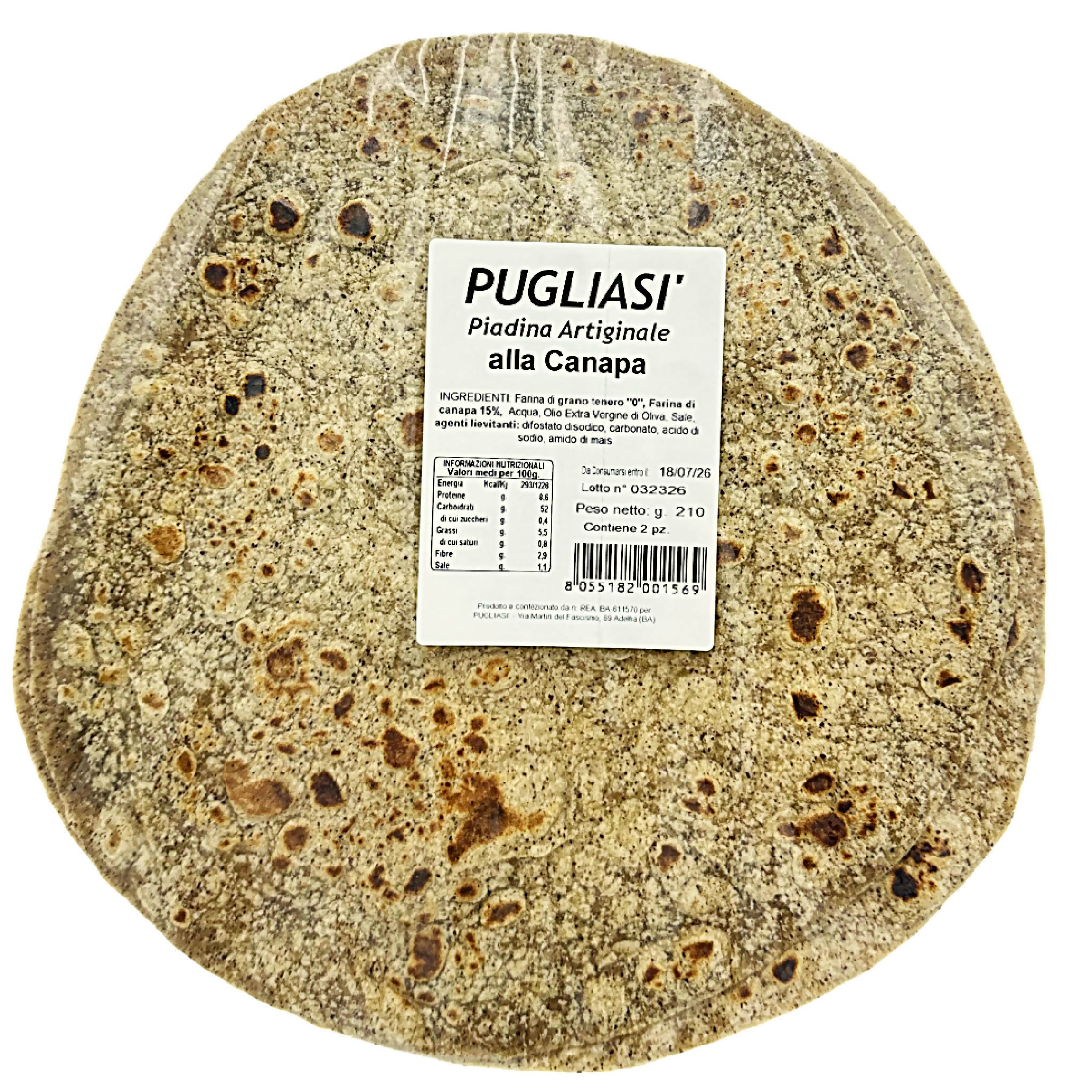 Piadina alla Canapa Pugliasì – Prodotta in Puglia con Olio EVO | 2 piadine 210g - Terramia