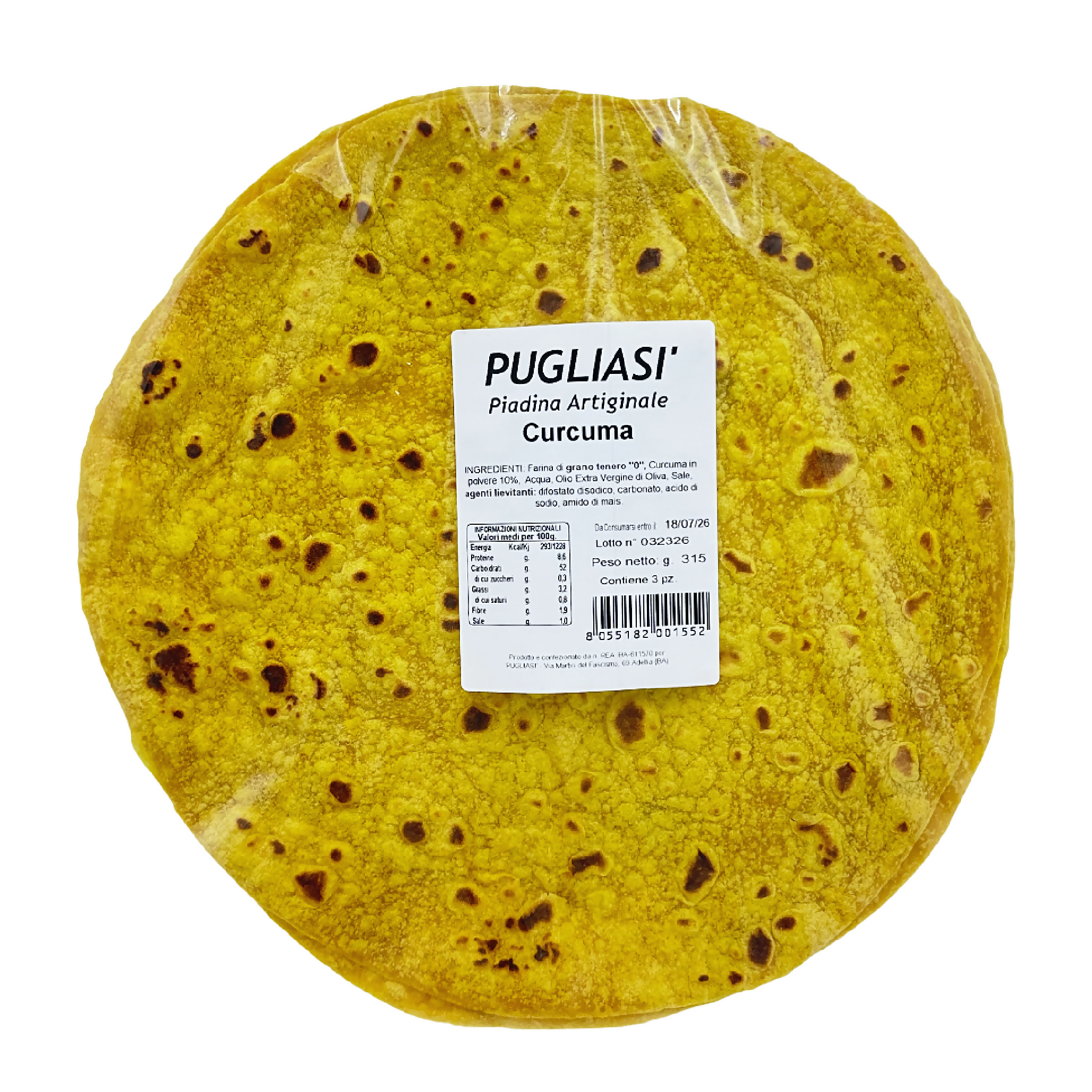Piadina alla Curcuma Pugliasì – Prodotta in Puglia con Olio EVO | 3 piadine 315g - Terramia