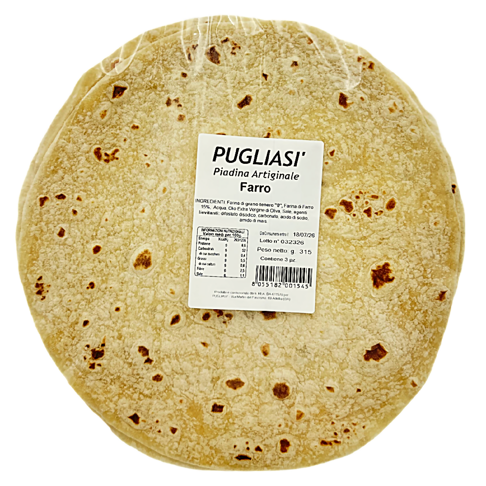 Piadina Artigianale al Farro Pugliasì – Prodotta in Puglia con Olio EVO | 3 piadine 315g - Terramia