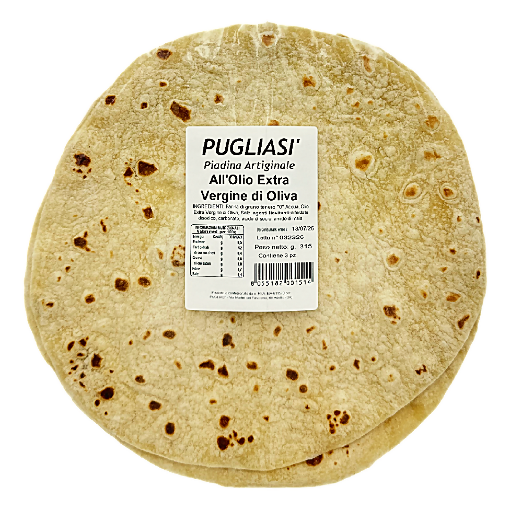 Piadina Artigianale all'Olio Extravergine di Oliva Pugliasì | 3 pz 315g